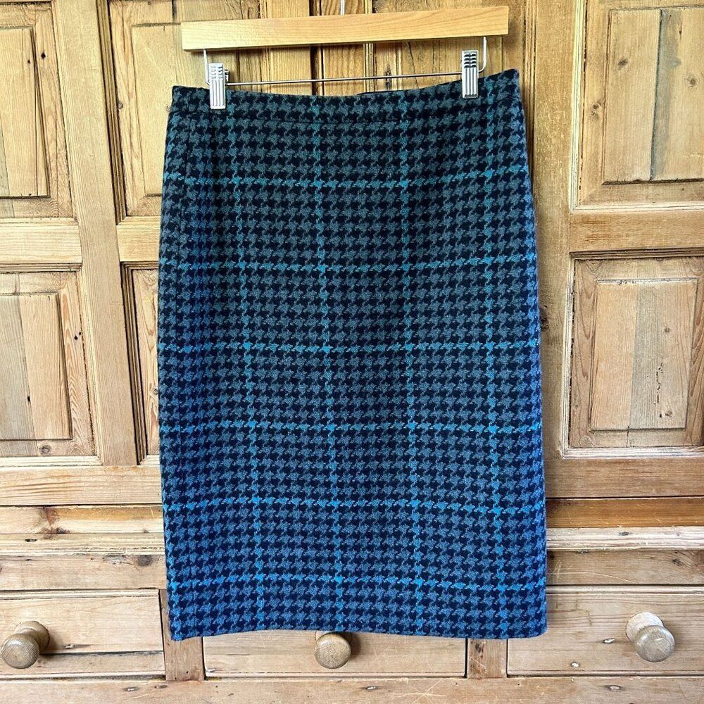 Pure Collection‎ Size 12 Pencil Skirt Blue Black Houndstooth Wool British Moon